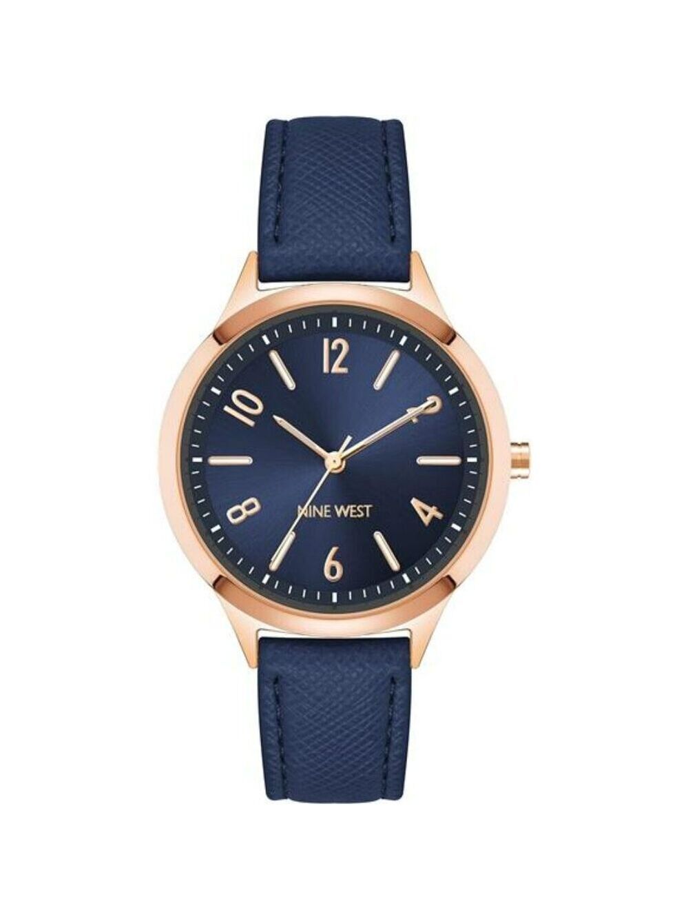 Womens navy blue strap watch rose gold face faux leather buckle analog watch